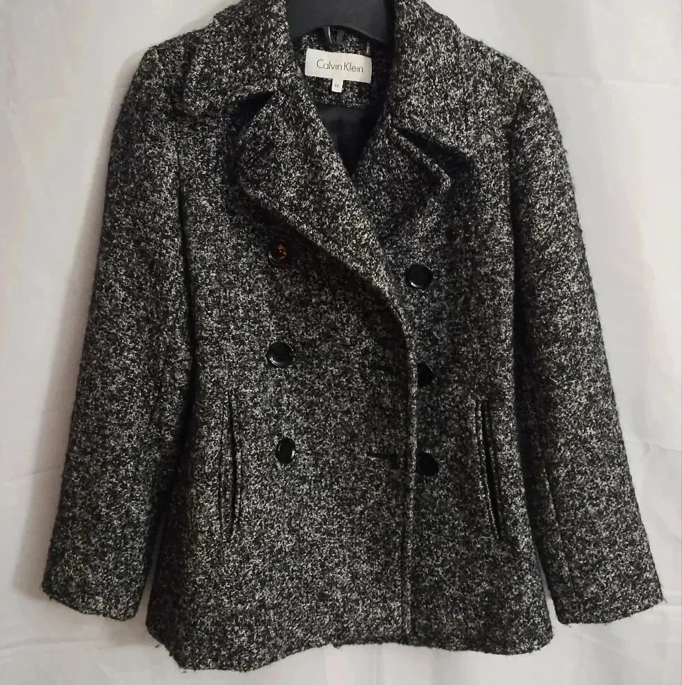 Calvin Klein Women's Pea Coat Double Breasted Black White Wool Blend Size PO